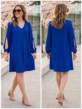 Joseph Ribkoff 16 Modern Contemporary Spring Cobalt Cold Shoulder Shift Dress